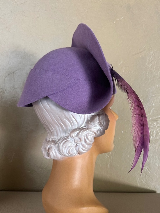 RADIANT 1940\'s PURPLE FELT HAT + UPTURNED BRIM  + MATCHING LONG FEATHER & QUILL main image 10